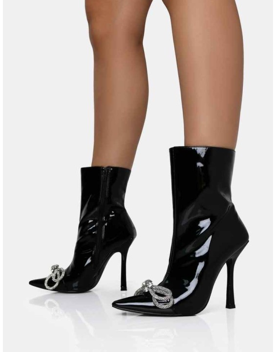 Orla Black Patent Diamante Bow Pointed Toe Stiletto Ankle Boots