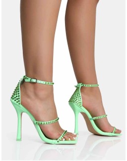 Golda Pastel Green Diamante Strappy Barely There Square Toe Stiletto Heels