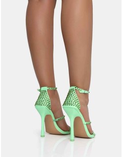 Golda Pastel Green Diamante Strappy Barely There Square Toe Stiletto Heels