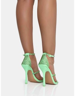 Golda Pastel Green Diamante Strappy Barely There Square Toe Stiletto Heels
