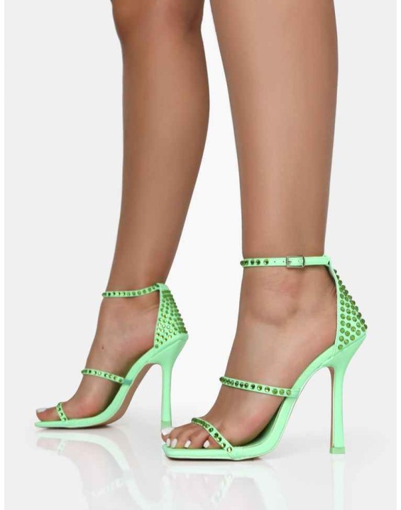 Golda Pastel Green Diamante Strappy Barely There Square Toe Stiletto Heels