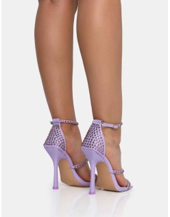 Golda Wide Fit Lilac Diamante Strappy Barely There Square Toe Stiletto Heels