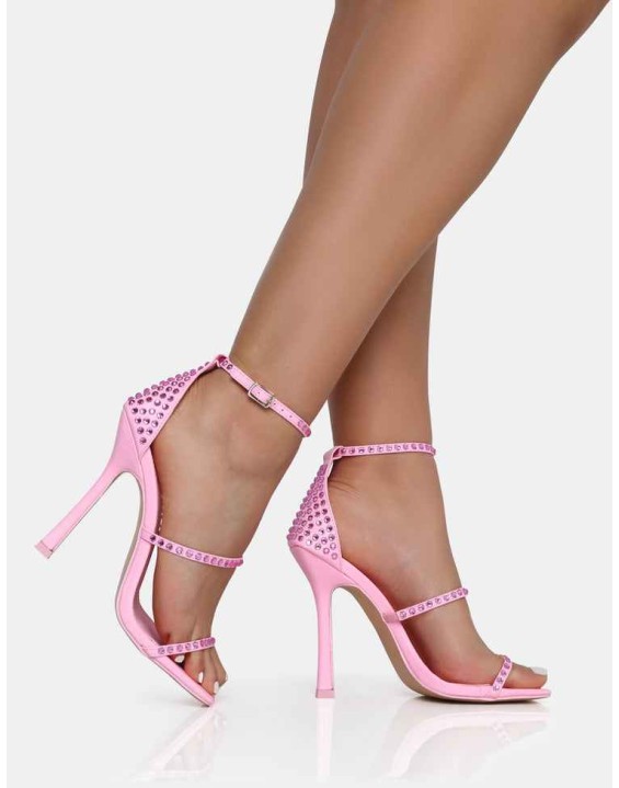 Golda Pastel Pink Diamante Strappy Barely There Square Toe Stiletto Heels