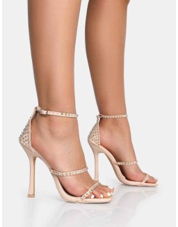 Golda Nude Diamante Strappy Barely There Square Toe Stiletto Heels