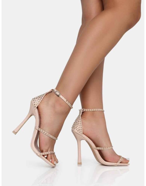 Golda Nude Diamante Strappy Barely There Square Toe Stiletto Heels