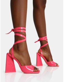 Mojito Coral Patent Lace Up Pyramid Block Heels