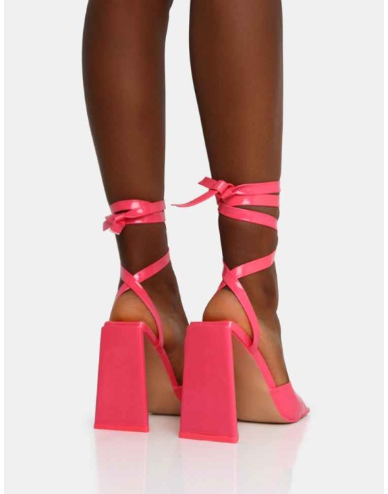 Mojito Coral Patent Lace Up Pyramid Block Heels