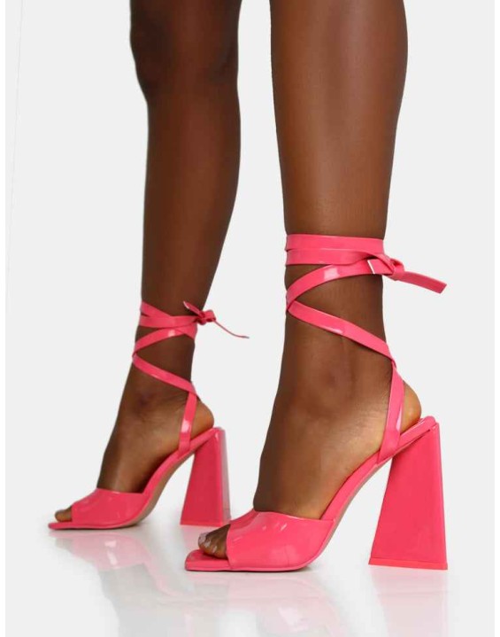 Mojito Coral Patent Lace Up Pyramid Block Heels