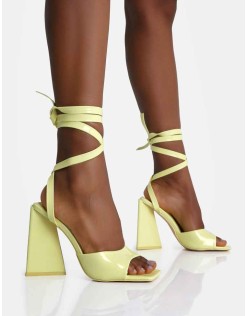 Mojito Yellow Patent Lace Up Pyramid Block Heels