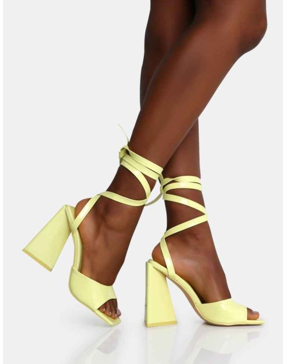 Mojito Yellow Patent Lace Up Pyramid Block Heels