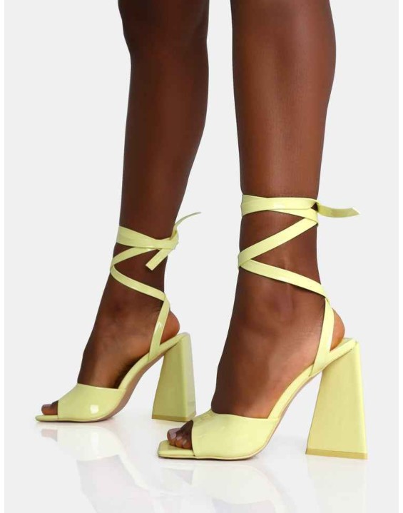 Mojito Yellow Patent Lace Up Pyramid Block Heels