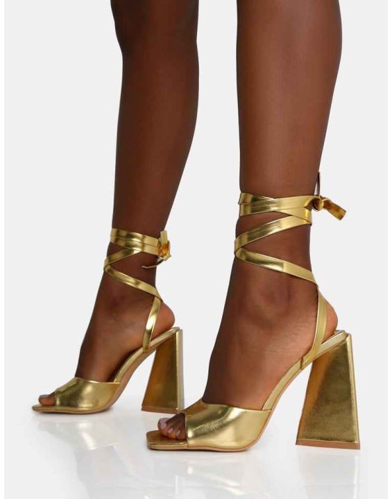 Mojito Gold Lace Up Pyramid Block Heels