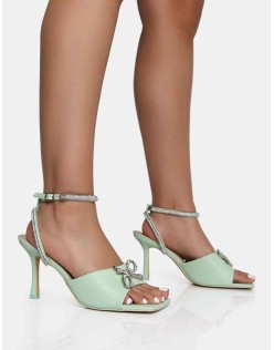 Front Row Pastel Green Diamante Bow Square Toe Mid Stiletto Heels