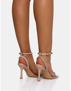 Front Row Nude Patent Perspex Diamante Bow Square Toe Mid Stiletto Heels