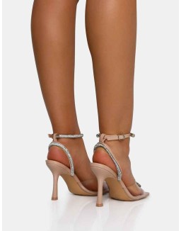Front Row Nude Patent Perspex Diamante Bow Square Toe Mid Stiletto Heels