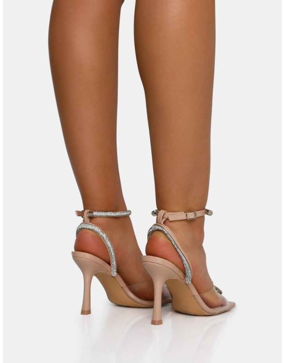 Front Row Nude Patent Perspex Diamante Bow Square Toe Mid Stiletto Heels