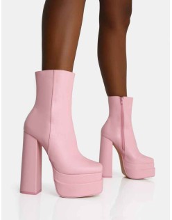 Supine Baby Pink PU Chunky Heeled Platform Ankle Boots