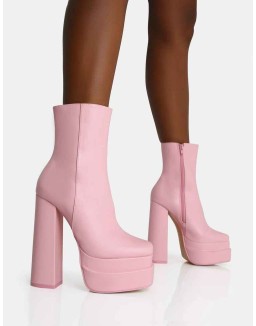 Supine Baby Pink PU Chunky Heeled Platform Ankle Boots