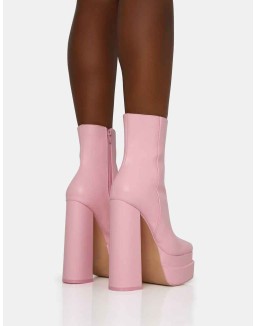 Supine Baby Pink PU Chunky Heeled Platform Ankle Boots