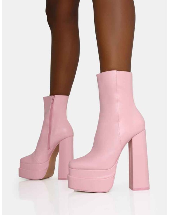 Supine Baby Pink PU Chunky Heeled Platform Ankle Boots