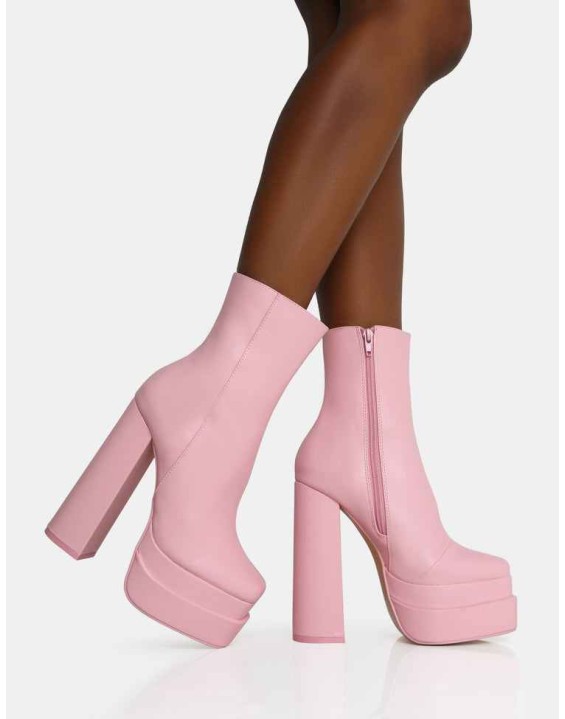 Supine Baby Pink PU Chunky Heeled Platform Ankle Boots
