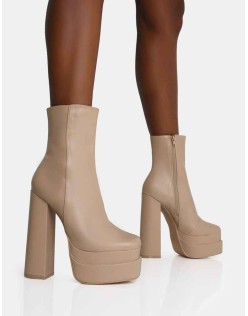 Supine Nude PU Chunky Heeled Platform Ankle Boots