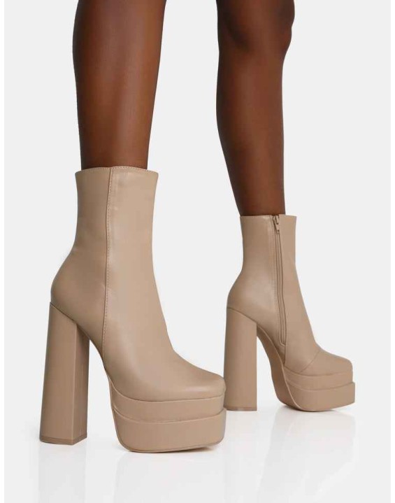 Supine Nude PU Chunky Heeled Platform Ankle Boots