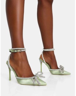 Midnight Sage Satin Wrap Around Diamante Bow Pointed Toe High Heels