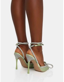 Midnight Sage Satin Wrap Around Diamante Bow Pointed Toe High Heels