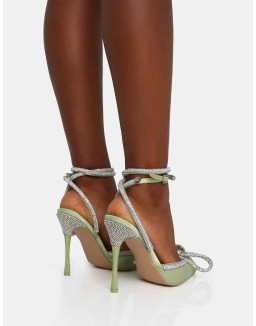 Midnight Sage Satin Wrap Around Diamante Bow Pointed Toe High Heels