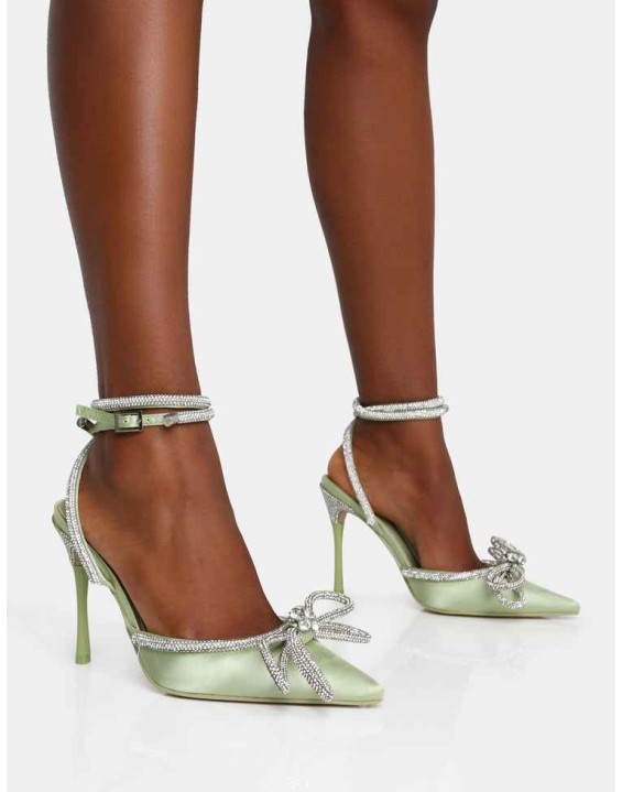 Midnight Sage Satin Wrap Around Diamante Bow Pointed Toe High Heels