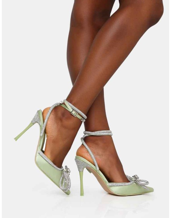 Midnight Sage Satin Wrap Around Diamante Bow Pointed Toe High Heels