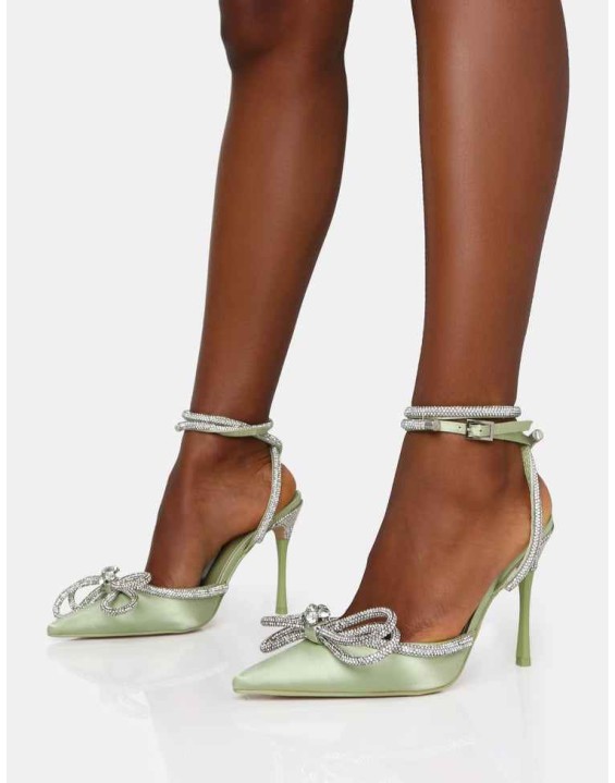 Midnight Sage Satin Wrap Around Diamante Bow Pointed Toe High Heels