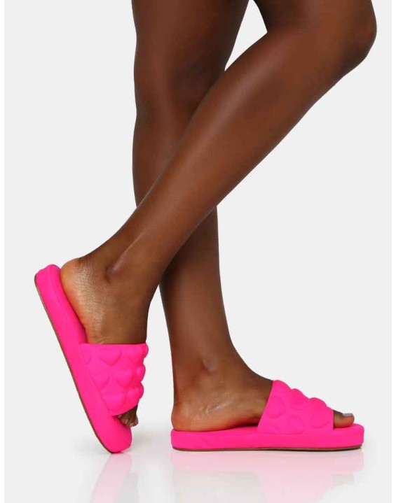 Bestie Neon Pink Nylon Embossed Heart Slider Sandals