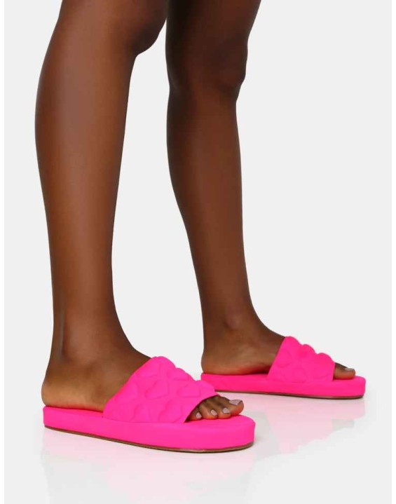 Bestie Neon Pink Nylon Embossed Heart Slider Sandals