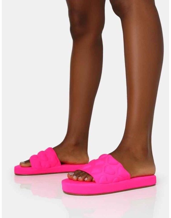 Bestie Neon Pink Nylon Embossed Heart Slider Sandals