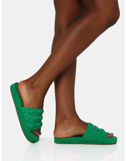 Bestie Green Nylon Embossed Heart Slider Sandals