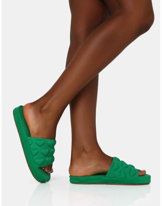 Bestie Green Nylon Embossed Heart Slider Sandals