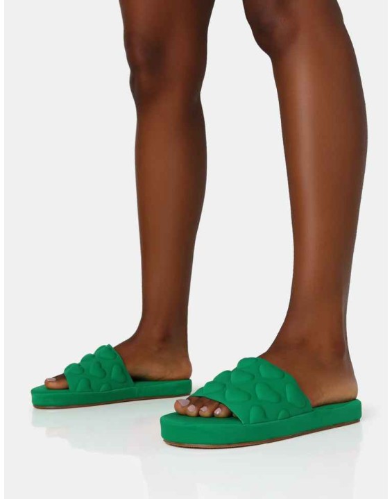 Bestie Green Nylon Embossed Heart Slider Sandals