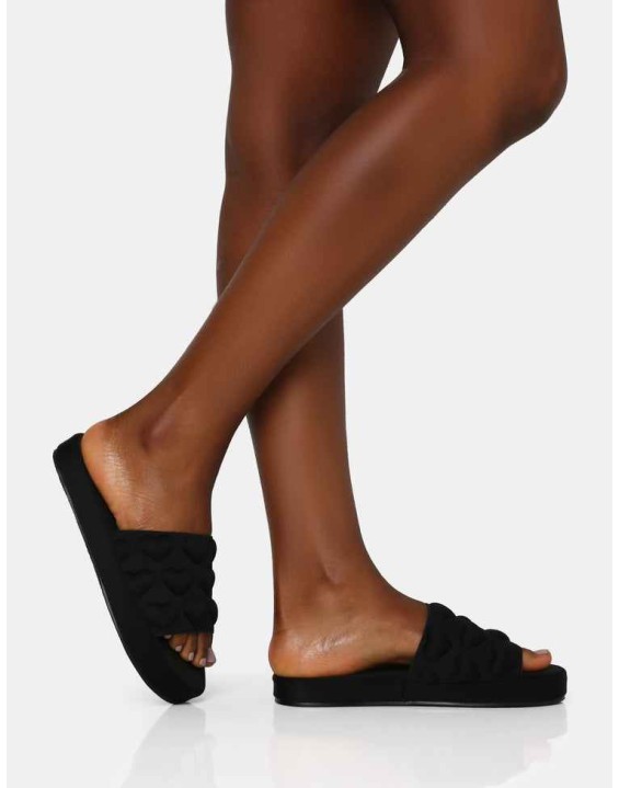 Bestie Black Nylon Embossed Heart Slider Sandals