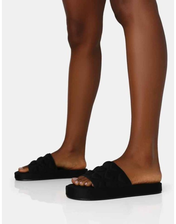 Bestie Black Nylon Embossed Heart Slider Sandals