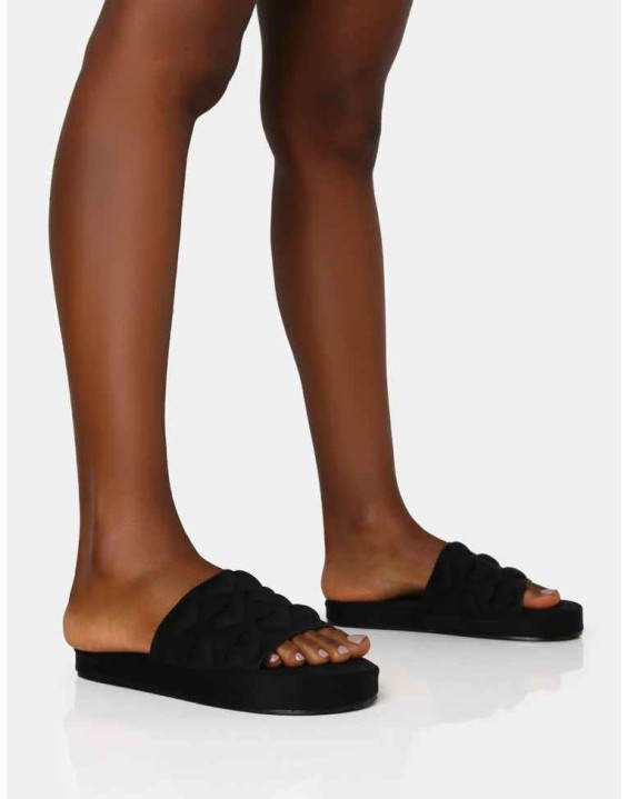 Bestie Black Nylon Embossed Heart Slider Sandals