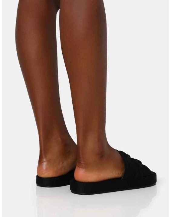 Bestie Black Nylon Embossed Heart Slider Sandals