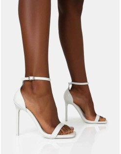 Chaos White Patent Square Toe Strappy Barely There Stiletto Heels