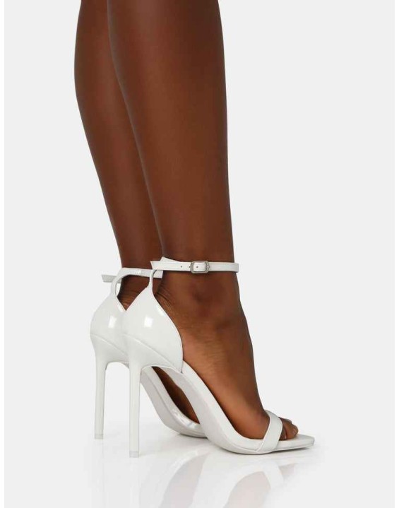 Chaos White Patent Square Toe Strappy Barely There Stiletto Heels