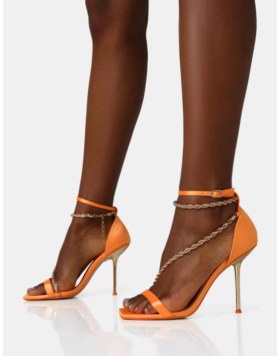 Loyal Orange Satin Chain Detail Square Toe Gold Stiletto Heels