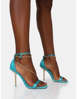 Loyal Blue Satin Chain Detail Square Toe Gold Stiletto Heels