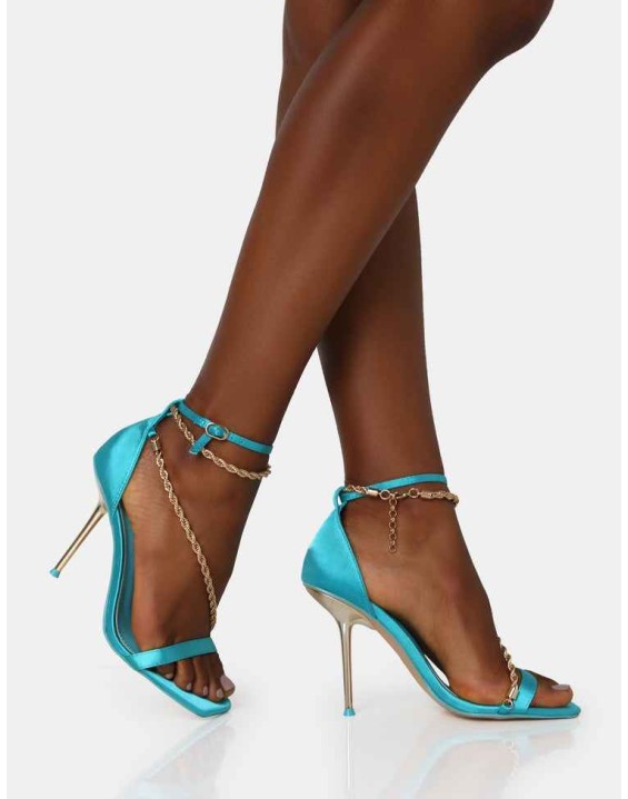 Loyal Blue Satin Chain Detail Square Toe Gold Stiletto Heels
