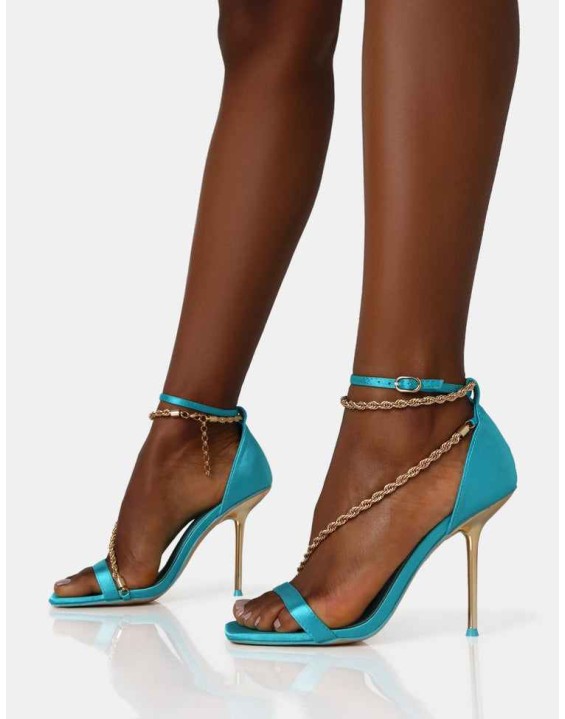 Loyal Blue Satin Chain Detail Square Toe Gold Stiletto Heels