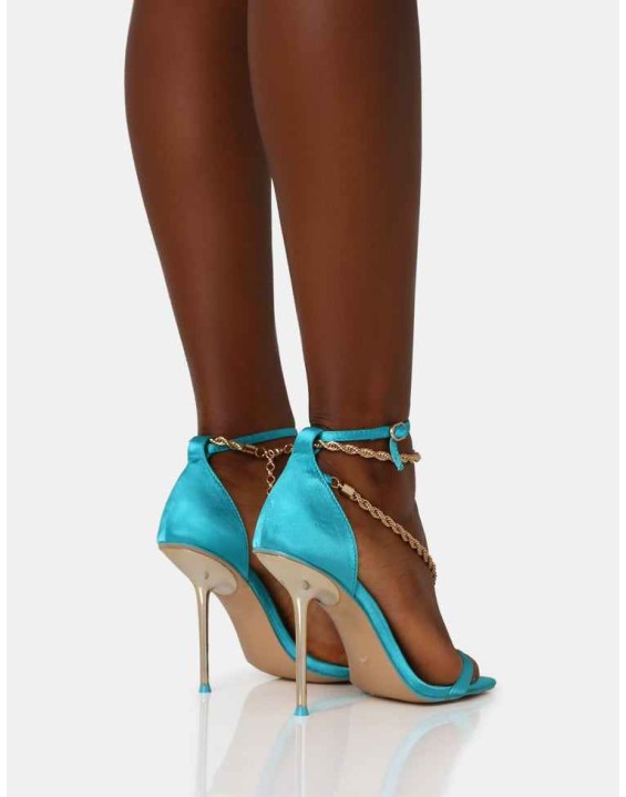Loyal Blue Satin Chain Detail Square Toe Gold Stiletto Heels